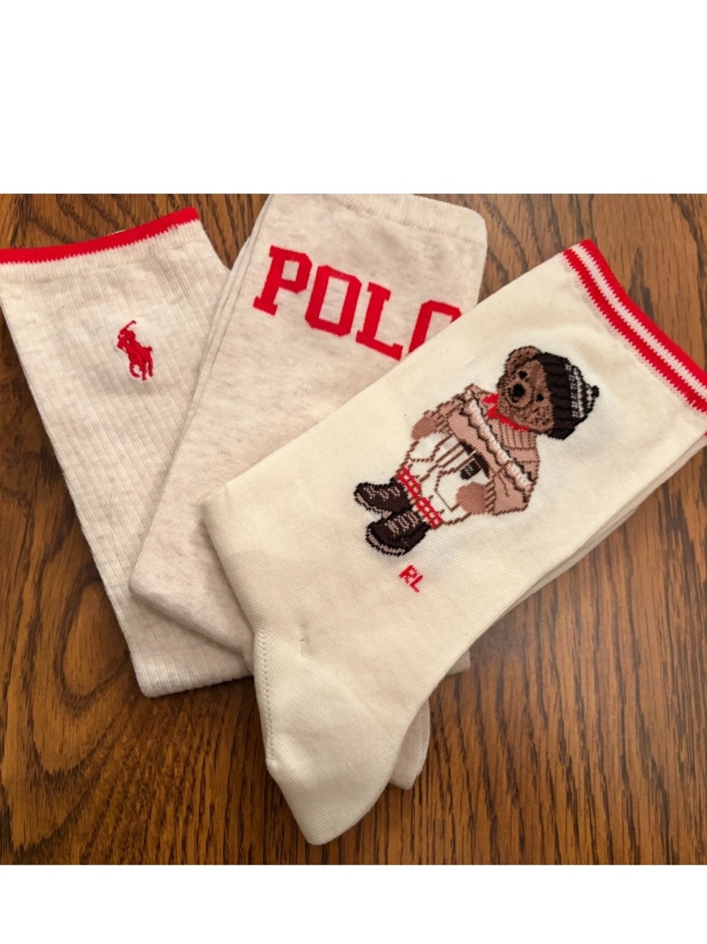 Polo Ralph Lauren 3 pair Socks Colorado Bear Ivory Red Shoe size 4-10.5 Unisex